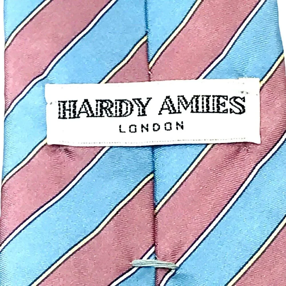 Hardy Amies London Tie Vtg Savile Row Pink Blue Repp Stripe UK Preppy Academia